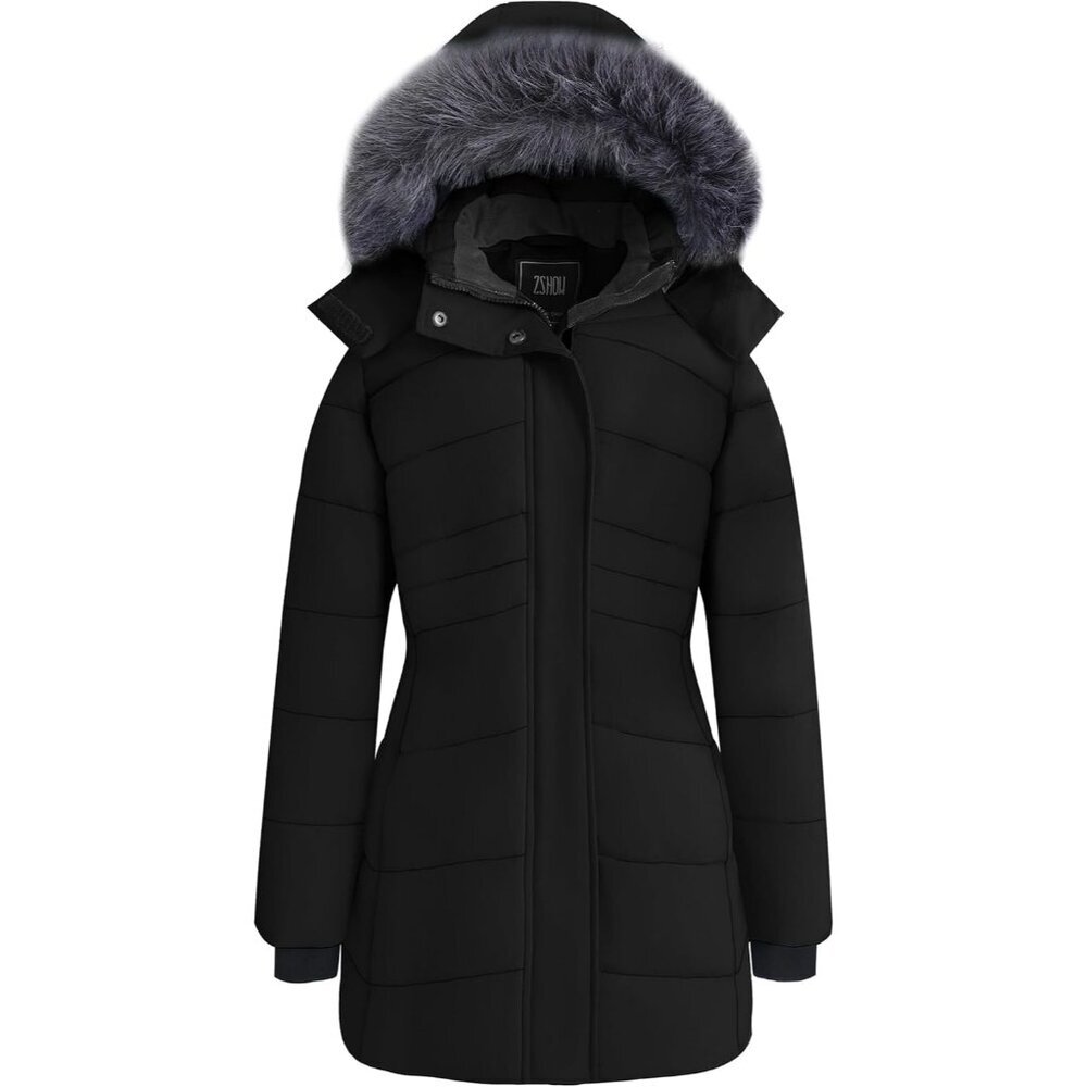 Women's Black Winter Coat Waterproof Warm Puffer Jacket Long Parka